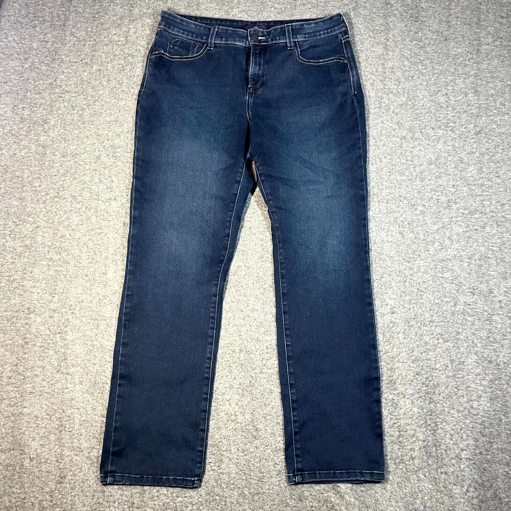 NYDJ Jeans Womens 12 34x31 Straight High Rise Blue Dark Wash Stretch USA